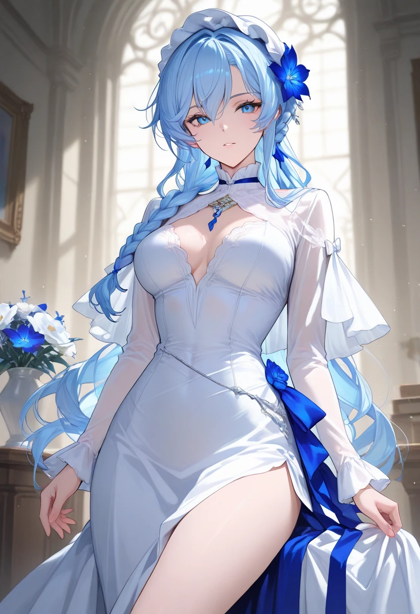 1 girl, royal fortune succubus, apron, big breasts, midriff, indoors, bedroom, standing, cowboy shot, evil smile, open mouth, skin fang, hand on hip,