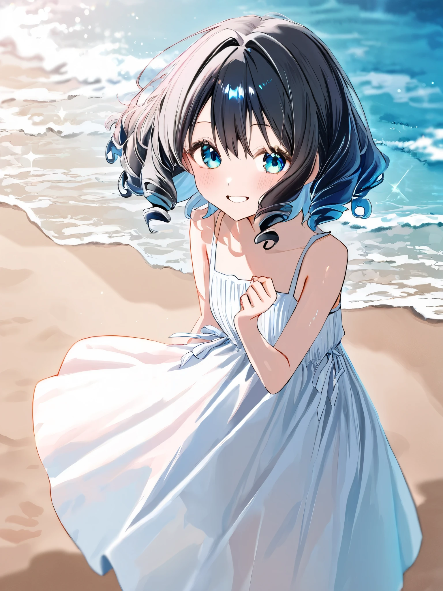 (High quality)Cyan hair, cyan eyes, Stoic, Beach, Aesthetic, white dress, hydro(artist:Oshioshio), Anime girl(artist:Oshioshio)