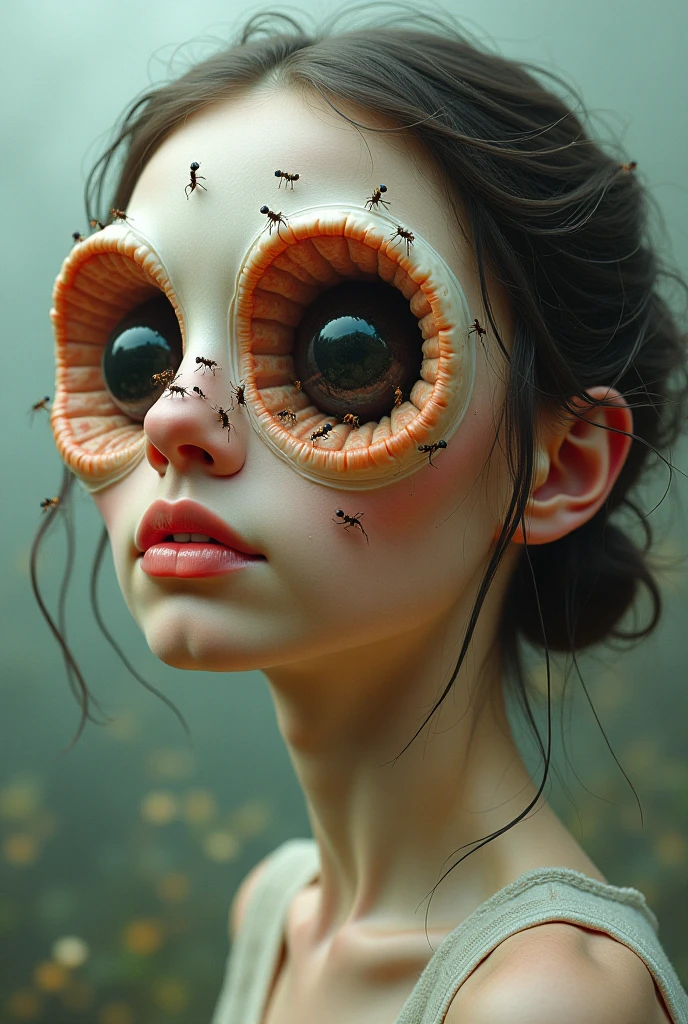 A 28 age years old girl looking at herself in the mirror and her face turned into a beetle and her body is a girl's body in a close up view artistic and realistic