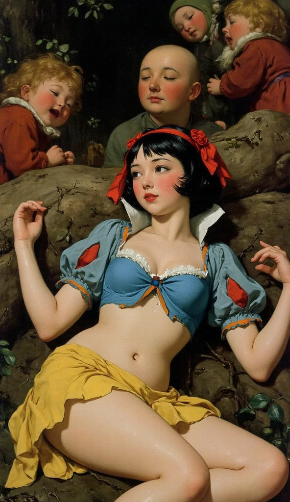 (masterpiece, best quality), beautiful girl,
snow white, lying, (detailed beautiful eyes) medium body shot, short black hair, red ribbon, (big breasts, cleveage), white panties, ultra detailed blue eyes,