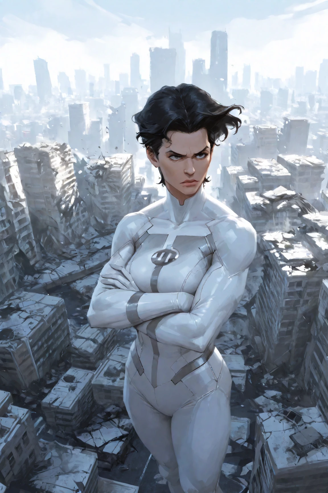 masterpiece, best quality, 1girl, anissa, solo, black hair, short hair, breasts, muscular, bodysuit, hands on hips, walking in city, destroyed city, ruined city background 