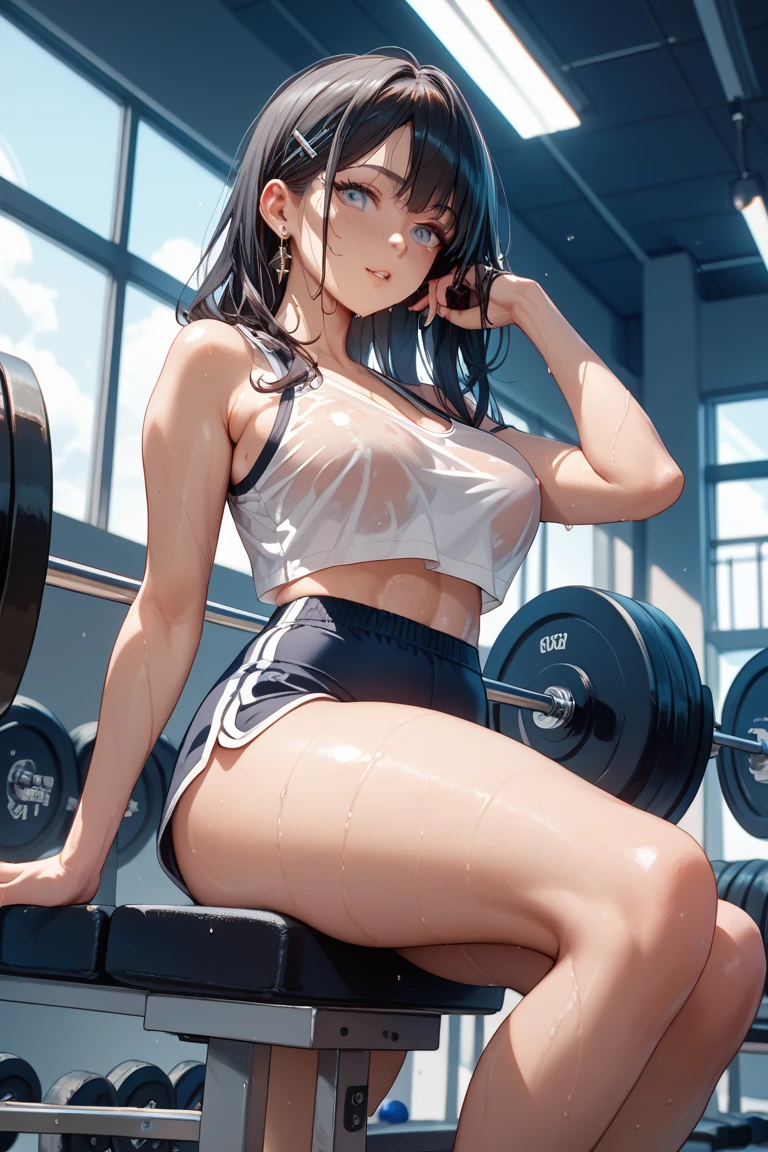 the Extremely Detailed CG Unity 8K Wallpapers,Best Quality,masutepiece,Extremely detailed,Realistic,NSFW,1girl in,A Japanese Lady,(Big breasts:1.4),cleavage,Toned and glamorous body,(white sports bra:1.3),(White high-leg bikini:1.3),Medium Hair, Brown hair,Seductive face,Sweat forms on my chest:1.5),((gym)),From below,