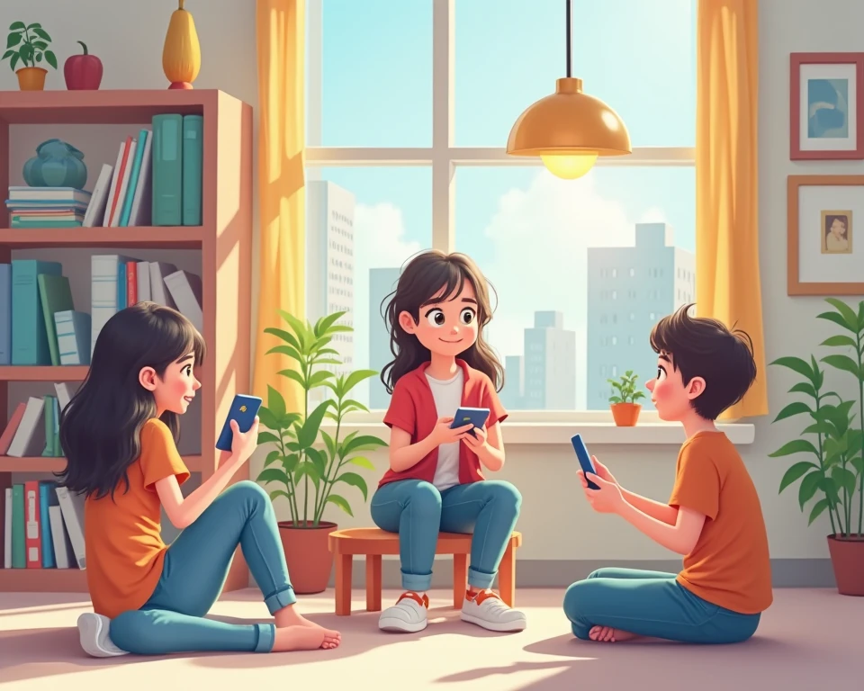 two Indonesian sisters. The older is 20 years old, the younger is . Both are busy with their gadget. Their mother is nearby look upset with them, Caricature 3D,