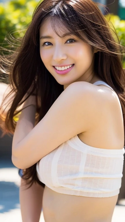 One girl,Long Hair,smile, ((Maid clothes)),(Streets in the city) RAW Photos, (photoRealistic:1.37, Realistic), Highly detailed CG integrated 8K wallpaper, View your viewers, (((Straight from the front))), (high qualityスキン:1.8, Shiny skin), 8K Ultra HD, Digital SLR, Soft lighting, high quality, Film Grain, Fujifilm XT3, ((Upper Body:1.6)), (Professional Lighting:1.6)、Large Breasts、No clothes、I&#39;m not wearing anything、I want to see up to my knees