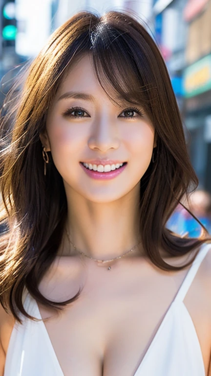 a woman posing on the street corner with light blue dress, best quality, high res, 8k, 1girl, (huge breasts), day, bright, outdoor, (street:0.8), (people, crowds:1), (lace-trimmed dress:1.5, blue high-neck dress:1.5, sleeveless dress, light blue cloths 1.5), gorgeous, (forehead, long hair), beautiful detailed sky, beautiful earrings, (shy:0.8), (from front:1), soft lighting, wind, shiny skin, looking at viewer, smile:0.2, closed mouth,