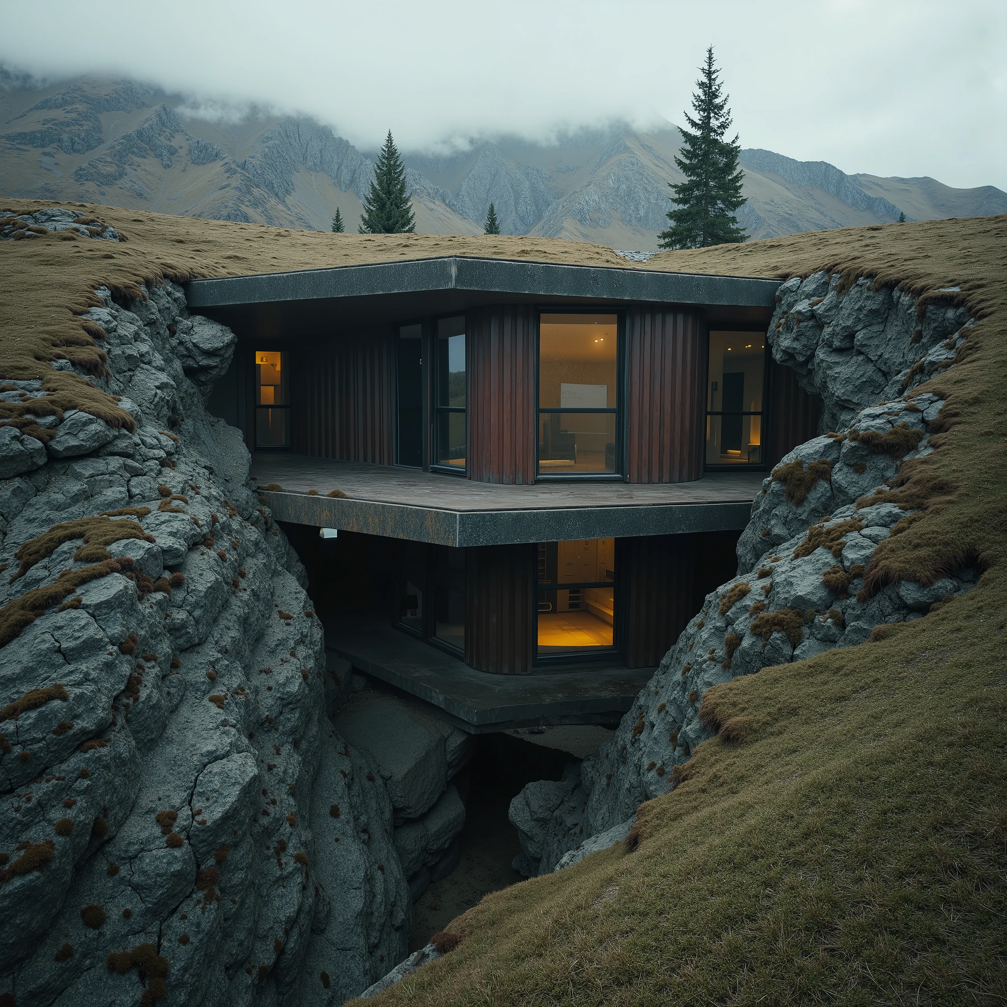 The year is 2510. Humanity and machines have fully integrated, forging a dark utopian existence—a future-tech noir reality infused with brutalist escapism. Remote mountain cabins, post-apocalyptic bunkers, and avant-garde survival pods have become the pinnacle of repurposed, isolated living—hidden sanctuaries far removed from the remnants of the outside world. This is dystopian decadence in its purest form: minimalist gothic apocalyptic surrealism with an otherworldly architectural ethos,
A vast and ominous pale haze blankets the landscape, a post-singularity aesthetic set deep within the Scandinavian mountain outback. Carved into the sheer rock face beneath a towering cliff, an extraordinary bunker-home emerges—a super-dynamic design of impossible, gravity-defying forms, seamlessly integrated into the brutal terrain. Its structure is forged from off-world materials: black concrete, retro-hued shipping containers, industrial corrugated steel beams, and massive support columns, all engineered for absolute resilience. The surrounding environment is stark yet cinematic—a rugged mountain-and-pine backdrop, shrouded in sinister fog and framed against a riveting burnt-sunset noir horizon.
The architecture is a paradox—lush brutalist shadows cast across bizarre, otherworldly geometries, where stacked shipping containers meet monolithic black concrete. The muted, ominous color palette enhances the analog photographic aesthetic, creating a rich, textured atmosphere. This isn’t just a home—it’s a statement of existential defiance, a surreal monolith standing against the vast and indifferent cosmos.
Cinematic drone shots capture its staggering proportions, its vertigo-inducing perspectives, and the sheer, epic scale of its existence. Enormous bay windows carve into the structure, their glass reflecting the dying embers of the apocalyptic sunset, casting eerie golden glows into the stark interior. The ambiance is a contradiction—both mesmerizing and deeply unsettling, 4k