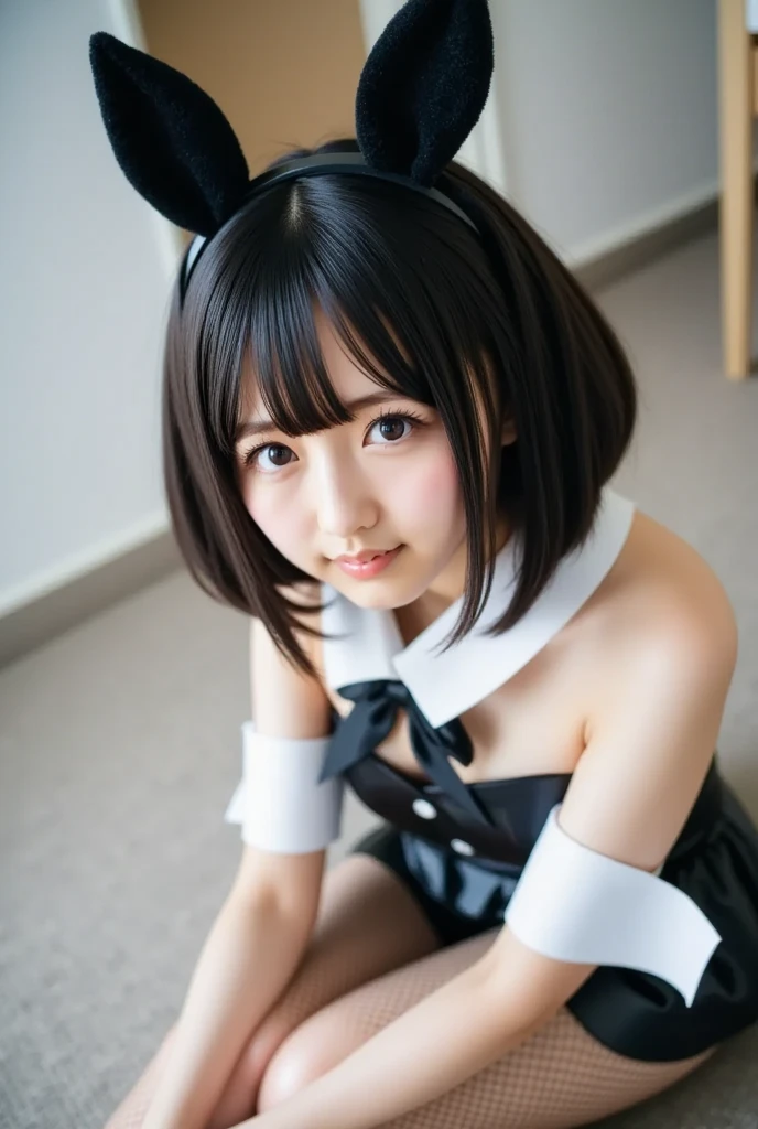 best quality, ultra high res, 1girl, solo focus, ((white mini see through dress)),white skin , elbow dress, black thighhighs, frills, ribbons, studio background,floating hair, looking at viewer, facing front,