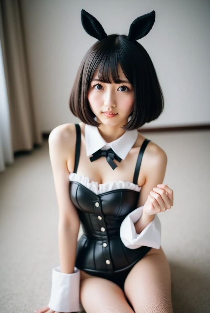 short cut hair,beautiful,K-POP idol,japanese idol,japanese actress,High resolution,beautiful skin,8K,RAW photo,highest quality,masterpiece,realistic,photo-realistic,clear,professional lighting,beautiful顔,highest quality,超High resolution,whole body,sexy,beautiful歯列, beautiful唇,a playboy bunny,Bunny ears,fake Bunny ears,pantyhose,bow tie,wrist cuffs,leotard, (8K, RAW photo, highest quality, masterpiece:1.2), (realistic, photo-realistic:1.4), (extremely detailed 8K wallpaper),Photo of a beautiful Japanese idol 20 years old woman.