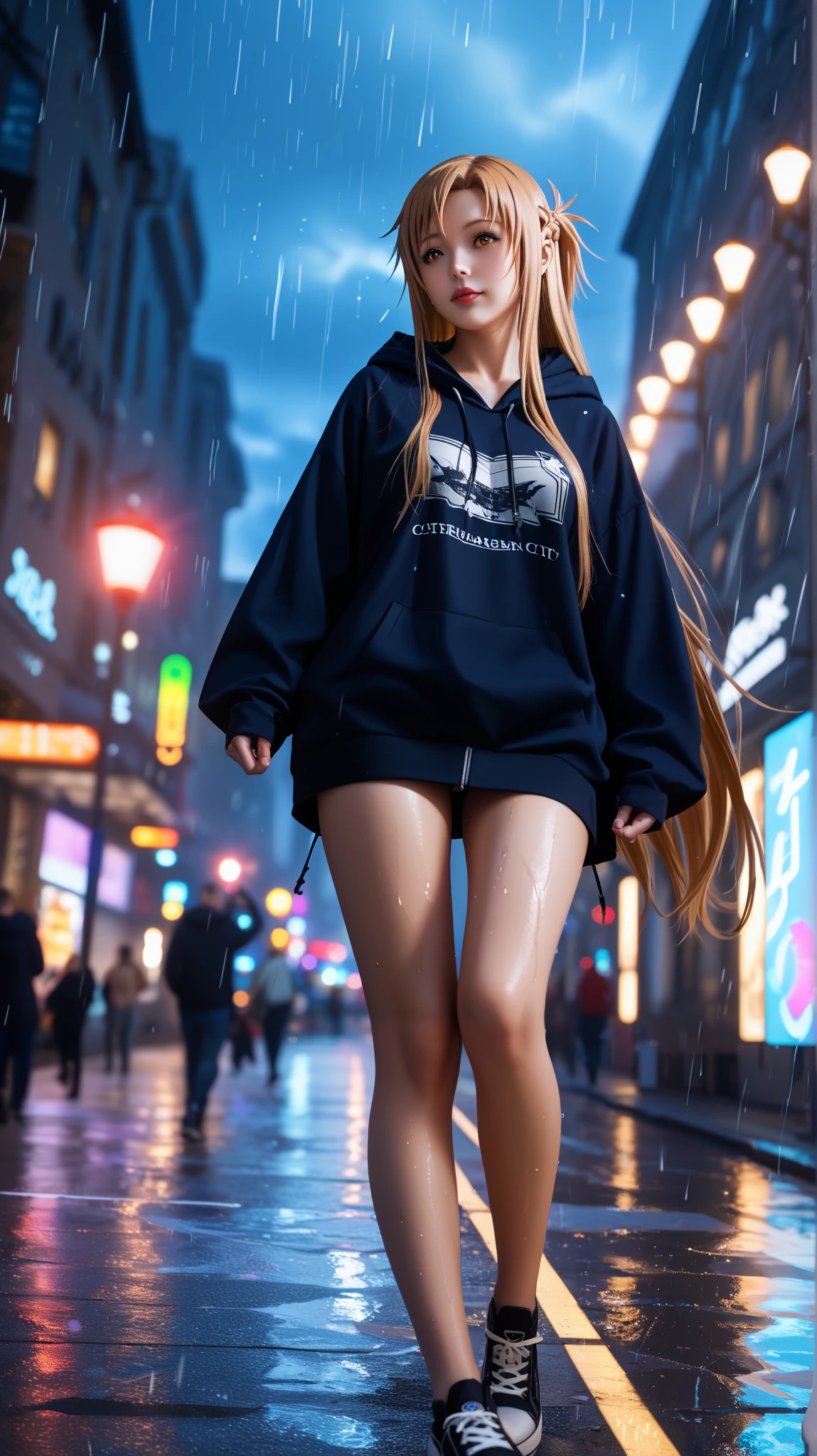 Asuna Yuuki from Sword Art Online reimagined in ultra-realistic style, standing in a rainy neon-lit city at night, leaning casually against a streetlight pole with one leg bent, exuding confidence and allure.
She has long, flowing light chestnut hair with subtle waves, cascading from beneath the hood of a dark oversized hoodie, and striking hazel eyes that reflect the glowing city lights. She wears a form-fitting black minishort, showing off her toned legs, and the hoodie is slightly oversized with the sleeves partially covering her hands. Her look is relaxed yet sexy, with subtle attitude in her posture. The wet pavement reflects vibrant lights from nearby signs and traffic, adding cinematic glow and depth. Light rain is falling gently, catching highlights on her hair and clothes. Emulate a Sony A7R IV with 35mm f/1.4 lens, cinematic street lighting with deep shadows and colorful neon rim lights, shallow depth of field. Compose using the rule of thirds, low angle slightly tilted upward, capturing her full figure and the urban atmosphere. --ar 16:9 --v 6 --style raw --quality 1 --stylize 1000