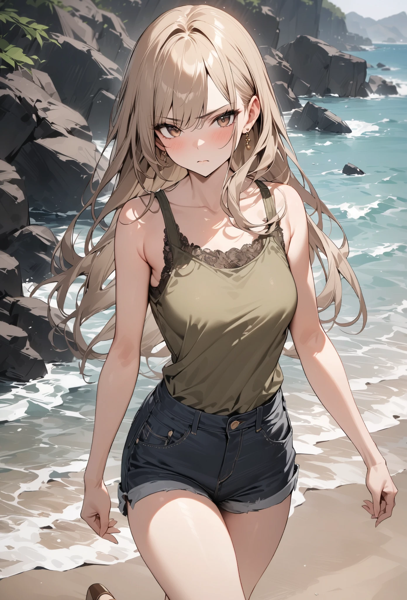 Anime girl walking on the beach with a dog in her hand - SeaArt AI