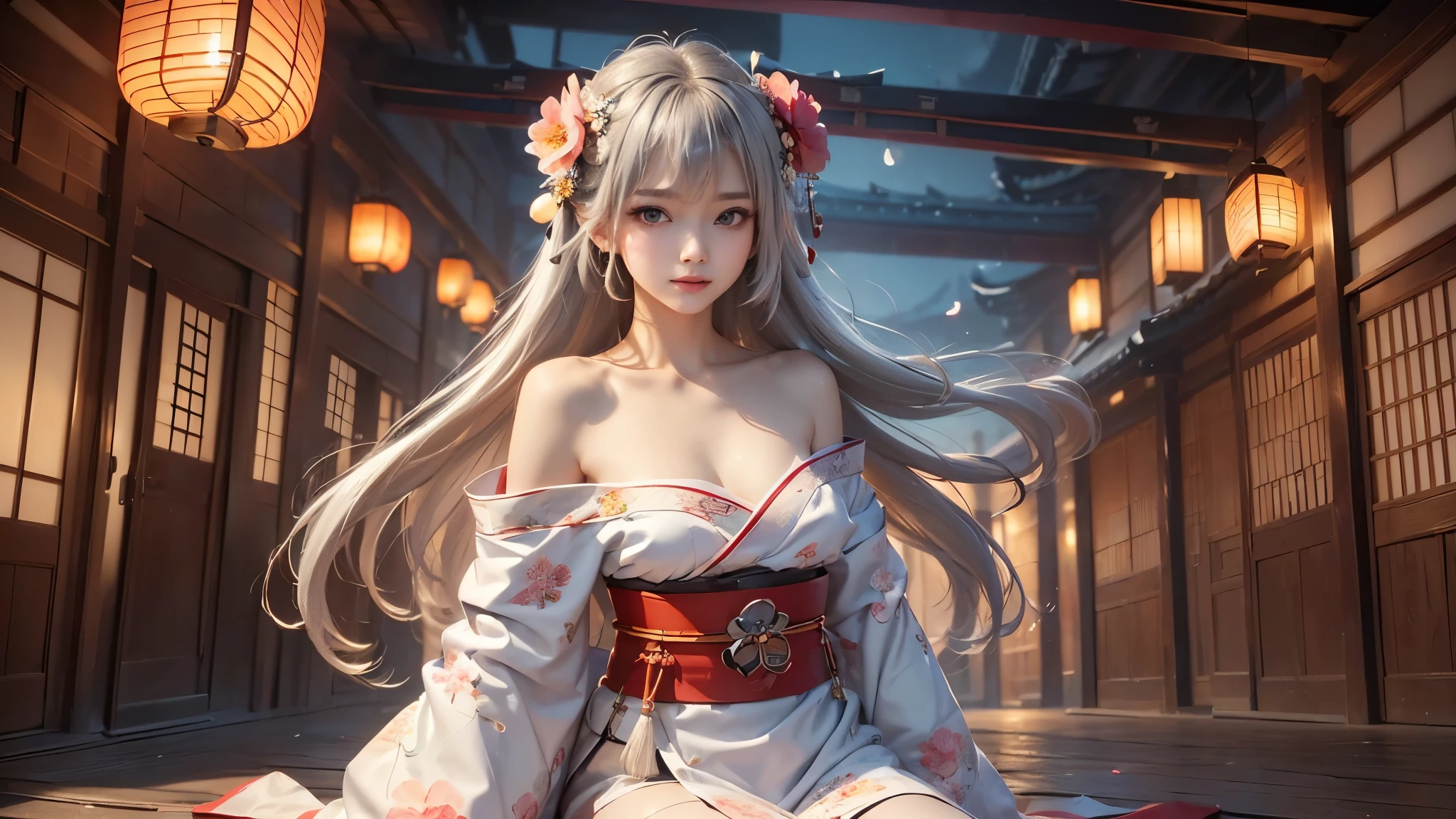 ((alone、Woman wearing a loose floral kimono、A woman sitting elegantly:1.4、Detailed Faces、 bright表情、Young, bright, Whiter skin、Great looks、ultimate beauty、Shiny silver hair with highlights、輝く bright髪,、 Style Your Hair :1.2、Hair dancing in the wind))(Inside an old Japanese house、 Night 、indirect lighting creates an atmosphere)((Off Shoulder Style、exposed shoulders、with armpits closed、 exposes chest:1.2))(( black kimono with a floral pattern and red belt:1.3)