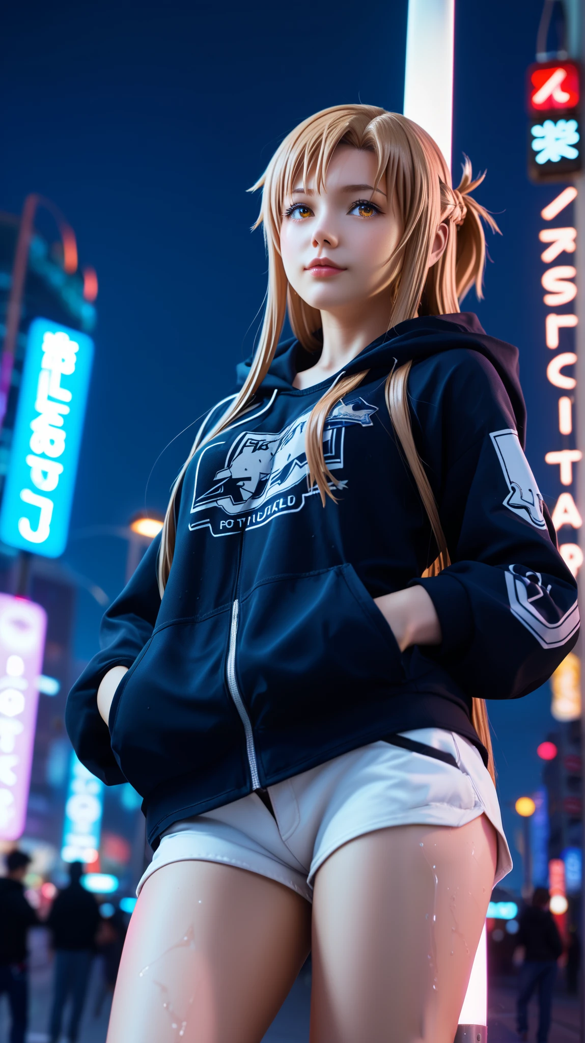 Asuna Yuuki from Sword Art Online reimagined in ultra-realistic style, standing in a neon-lit city at night, leaning casually against a glowing streetlight pole, with a confident and seductive look.
She has long, flowing light chestnut hair, slightly tousled by the wind, and deep hazel eyes that glimmer in the urban lights. Wearing a dark oversized hoodie with the hood over her head, paired with tight black minishorts that highlight her smooth, toned legs. Her expression is both relaxed and alluring, with one hand in the pocket and the other resting on the pole. The wet asphalt reflects vivid pink, cyan and purple neon signs around her, creating a cyberpunk ambiance. Fine raindrops cling to her hair and hoodie, adding cinematic texture. Emulate a Sony A7R IV with a 35mm f/1.4 lens, moody cinematic lighting with neon edge highlights, soft rim light behind her silhouette, shallow depth of field. Composition follows the rule of thirds, low angle view, showcasing her full figure and immersive cityscape. --ar 16:9 --v 6 --style raw --quality 1 --stylize 1000