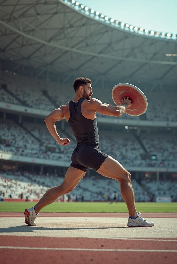 A dynamic sports photography shot of an elite shot put athlete, poised to hurl the heavy ball with incredible force. The athlete's powerful muscles are tense, ready to unleash their strength in a split second. The shot put, partially covered by his grip, is pictured against the backdrop of a track, with spectators in the stands, capturing the essence of a competitive event., photo