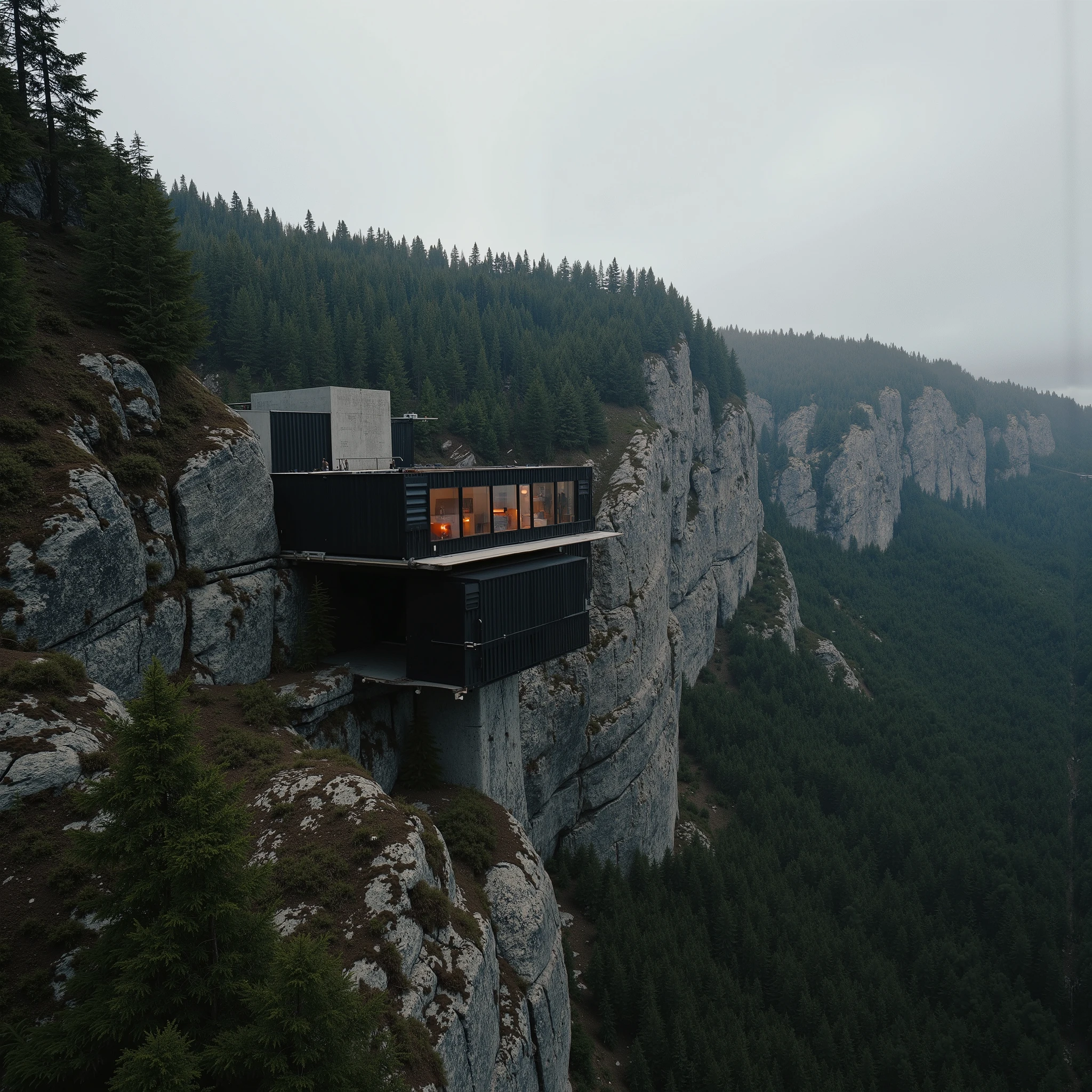 The year is 2510. Humanity and machines have fully integrated, forging a dark utopian existence—a future-tech noir reality infused with brutalist escapism. Remote mountain cabins, post-apocalyptic bunkers, and avant-garde survival pods have become the pinnacle of repurposed, isolated living—hidden sanctuaries far removed from the remnants of the outside world. This is dystopian decadence in its purest form: minimalist gothic apocalyptic surrealism with an otherworldly architectural ethos,
A vast and ominous pale haze blankets the landscape, a post-singularity aesthetic set deep within the Scandinavian mountain outback. Carved into the sheer rock face beneath a towering cliff, an extraordinary bunker-home emerges—a super-dynamic design of impossible, gravity-defying forms, seamlessly integrated into the brutal terrain. Its structure is forged from off-world materials: black concrete, retro-hued shipping containers, industrial corrugated steel beams, and massive support columns, all engineered for absolute resilience. The surrounding environment is stark yet cinematic—a rugged mountain-and-pine backdrop, shrouded in sinister fog and framed against a riveting burnt-sunset noir horizon.
The architecture is a paradox—lush brutalist shadows cast across bizarre, otherworldly geometries, where stacked shipping containers meet monolithic black concrete. The muted, ominous color palette enhances the analog photographic aesthetic, creating a rich, textured atmosphere. This isn’t just a home—it’s a statement of existential defiance, a surreal monolith standing against the vast and indifferent cosmos.
Cinematic drone shots capture its staggering proportions, its vertigo-inducing perspectives, and the sheer, epic scale of its existence. Enormous bay windows carve into the structure, their glass reflecting the dying embers of the apocalyptic sunset, casting eerie golden glows into the stark interior. The ambiance is a contradiction—both mesmerizing and deeply unsettling, 4k
