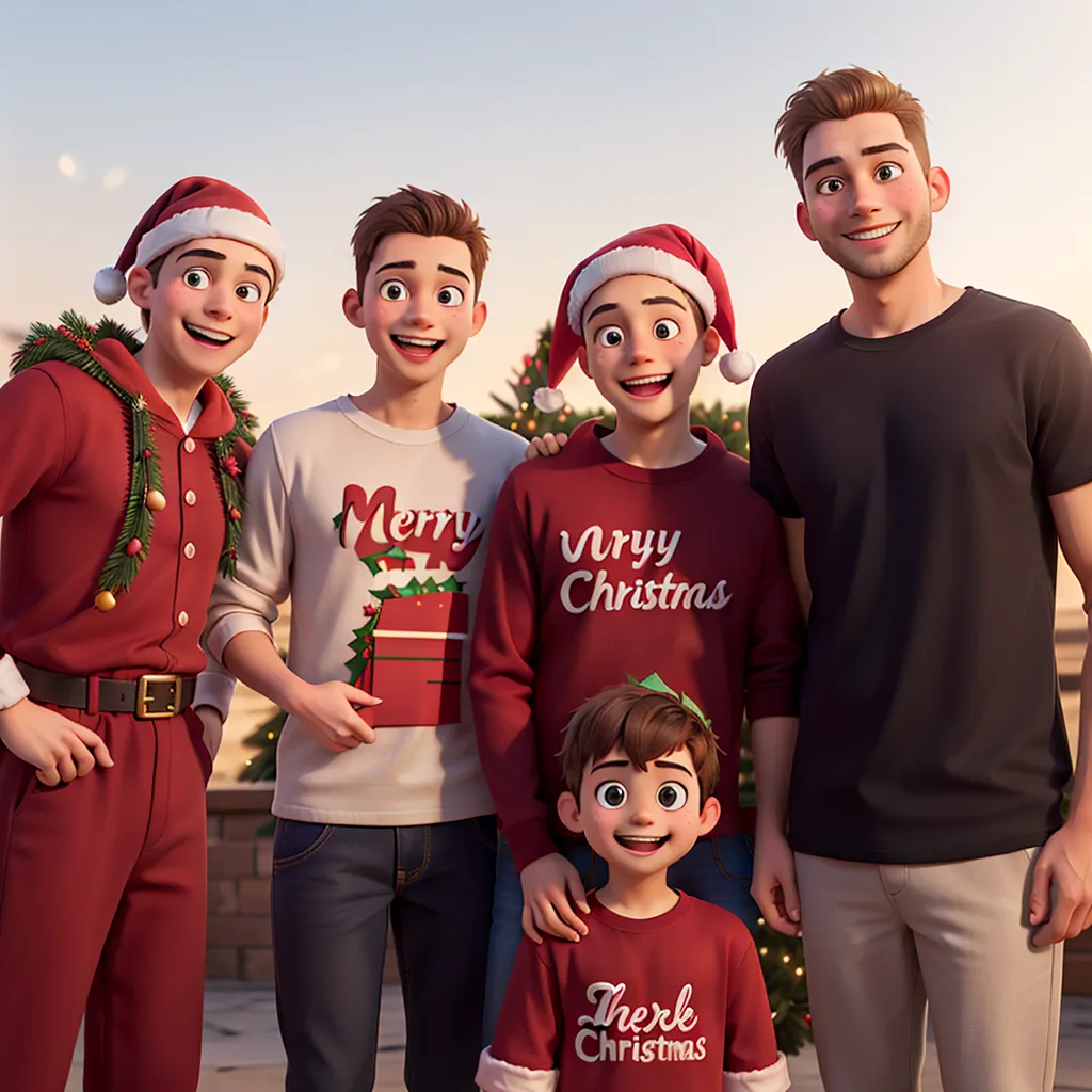 smiling mother with short hair on the left, 40 years old, pai no meio com 40 anos, teenage boy on the right with short hair, with Christmas decorations in the background