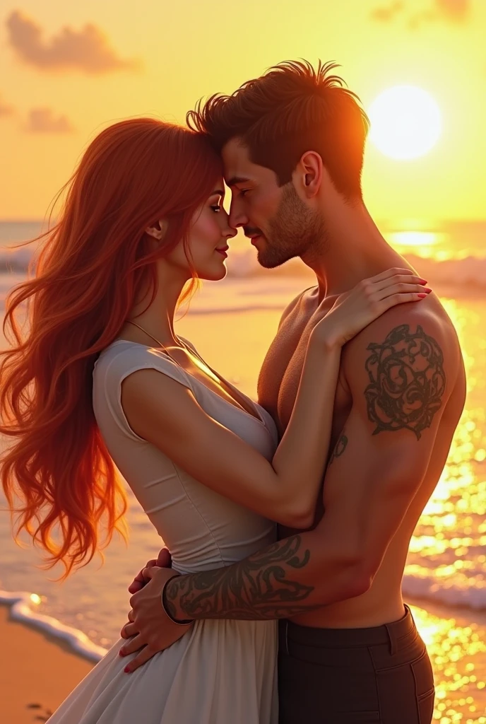 ultra realistic, photography, long red straight hair, 30 years old, hourglass figure, perfect fit body, natural big breasts, she is wearing a hot tight too small bikini, sitting at a beach bar, perfect round cleavage, next to her is a handsome man with brown short hair at the beach in his swimwear, he has a big bulge visible in his trunks, she is looking down at his loins and biting her lip seductively