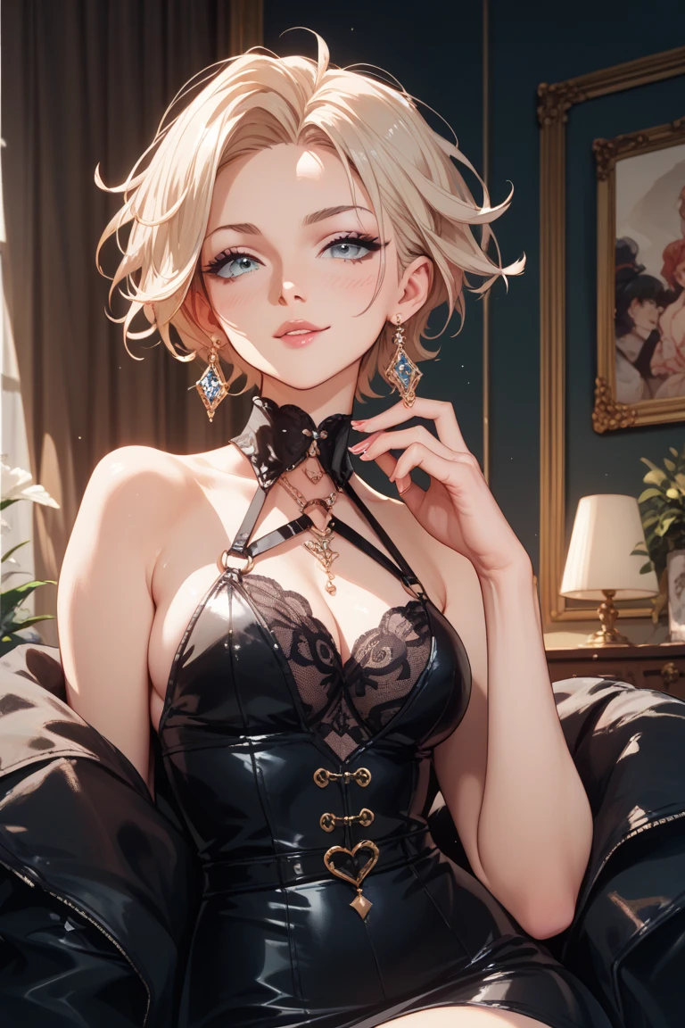 1girl,a beautiful fashion model ,(masterpiece, detailed background, best quality),short and shiny hair, light blomde hair with blonde highlights,smirk,juicy lips,red lips, calmart, lingerie, stripping, elegant makeup, (girl cocking her eyebrow)