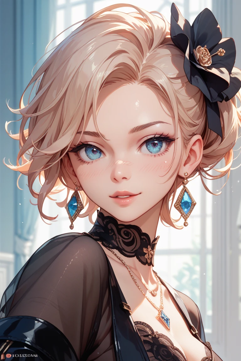 Masterpiece, best quality, 8K, high tone, super detail, Hot sexy beautiful cute milf , silver chandelier earrings,big breasts, lipstick,makeup, blonde hair ,two falling hair strands,blush,short hair ,black glasses , stockings , purple eyes,