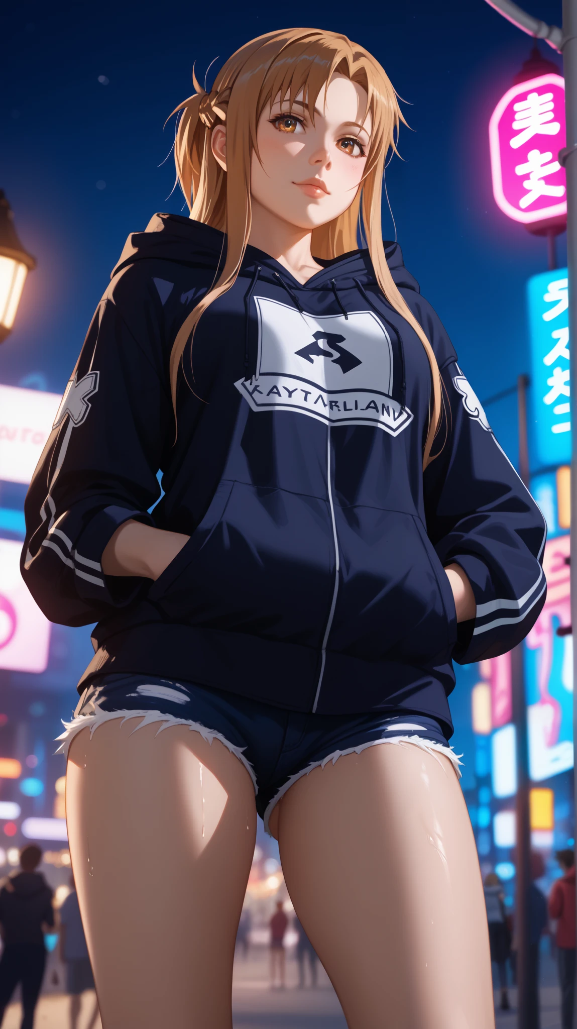 realistic, cinematic, photografy, Asuna Yuuki from Sword Art Online reimagined in ultra-realistic style, standing in a neon-lit city at night, leaning casually against a glowing streetlight pole, with a confident and seductive look.
She has long, flowing light chestnut hair, slightly tousled by the wind, and deep hazel eyes that glimmer in the urban lights. Wearing a dark oversized hoodie with the hood over her head, paired with tight black minishorts that highlight her smooth, toned legs. Her expression is both relaxed and alluring, with one hand in the pocket and the other resting on the pole. The wet asphalt reflects vivid pink, cyan and purple neon signs around her, creating a cyberpunk ambiance. Fine raindrops cling to her hair and hoodie, adding cinematic texture. Emulate a Sony A7R IV with a 35mm f/1.4 lens, moody cinematic lighting with neon edge highlights, soft rim light behind her silhouette, shallow depth of field. Composition follows the rule of thirds, low angle view, showcasing her full figure and immersive cityscape. --ar 16:9 --v 6 --style raw --quality 1 --stylize 1000