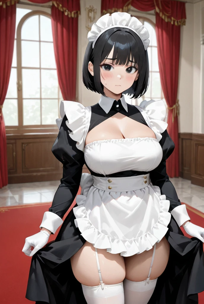 (((Pixel Perfect, Perfect in every detail,nsfw,,clothes lift,large breasts,light smile,dpubic hair,1 girl,black thigh-high socks))), alone, One girl, ((Ruka Sarashina)), Blue Ribbon, big , (Apron Maid), View your viewers, In the room, sitting,spread legs
