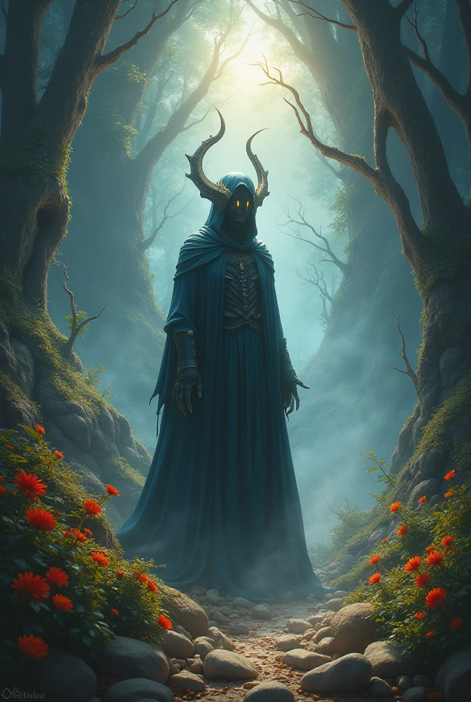 a demon wrapped in a black cloak of darkness in the middle of the forest