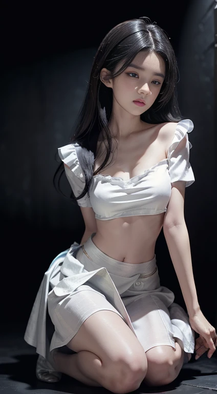 masterpiece, highest quality, Super detailed, Facing the camera, 複雑に詳細なSuper detailed, Realistic, Sharp features, Very detailed, Sharp focus, Perfect Face, Perfect Face, Perfect symmetrical perfect eyes, Perfect Plump Lips, Flexible female form, Cinematic, Film Light, Super detailed, hyper Realistic, masterpiece, Atmospheric, High resolution, Vibrant, Dynamic Studio Lighting, ((Dark Background)), The expression when enduring pleasure, Straight bangs, blue eyes,Cowboy Shot,Sexually aroused expression、A white off-the-shoulder wedding dress with a wide open back and a little bit of her buttocks showing、Her thong shorts are showing through、tiara、Buckshot
