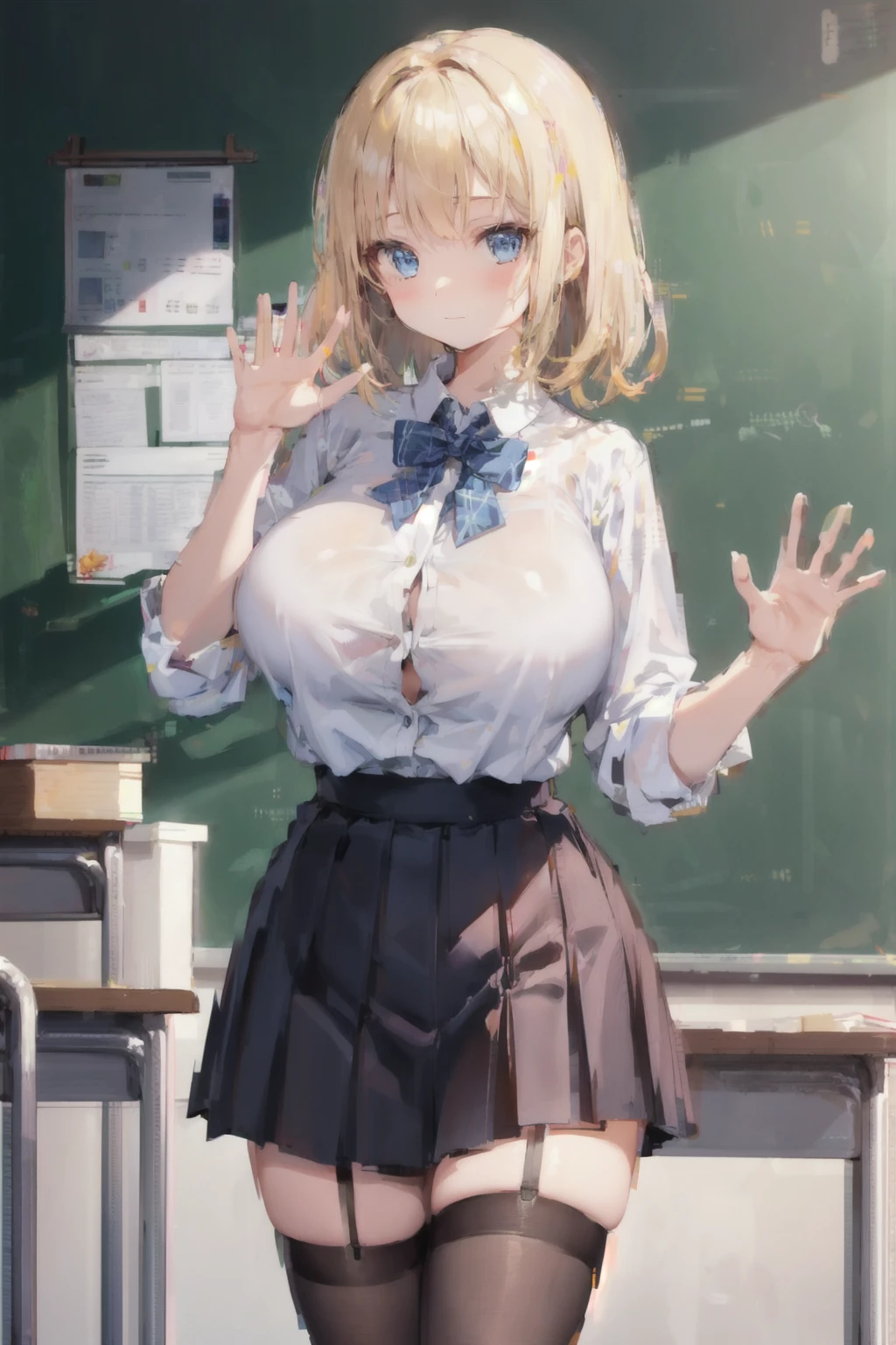 (best quality:1.5, highres, UHD, 4K, detailed lighting, shaders, HDR, hand depiction, anime style), blonde ponytail, large breasts, school uniform, standing, blushing, smiling, classroom background, panties, skirt lift, (sweaty, cum), sexy, erotic, lewd, seductive, close shot, pov