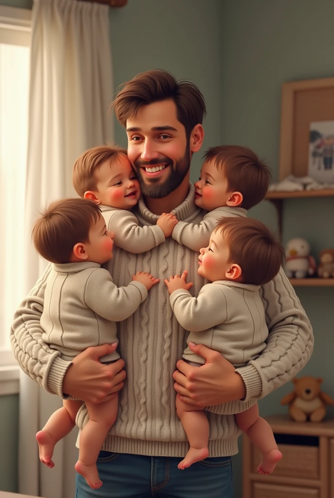 (Photorealism:1.1) blonde blue eyed child hugging her father dark brown hair and brown eyes in the living room in home 8k ultra realistic super detailed