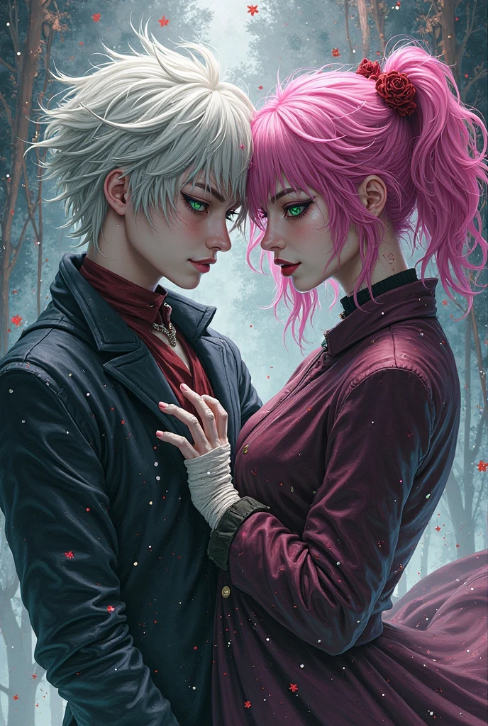Woman with pastel pink hair, green eyes with red ninja clothes and a man with gray hair 