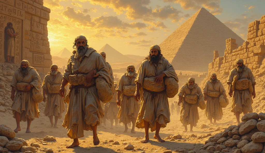 ((lifelike lighting, Melhor qualidade, 8K, Obra-prima: 1.3)), Foco claro: 1.2 In a dark and oppressive setting, portray the history of the enslaved Hebrews in Egypt. No calor sufocante do deserto, The Hebrews are forced to perform strenuous labor, carrying heavy stone blocks to build pharaonic monuments. Their tired and hunched bodies bear witness to the long hours of forced labor. Around you, The barren, lifeless landscape echoes the despair of their weary souls.
The Egyptian Guards, ruthless and cruel, are always present, watching with authoritarian looks and whips in hand, ready to punish any disobedience. Sadness and fear are visible on the faces of the Hebrews, whose hopes were crushed by relentless oppression.
Acima deles, o sol escaldante brilha impiedosamente, without offering shade or relief. The tears that flow from the eyes of the Hebrews are dried up by the sands of the desert, perdidas e esquecidas em meio ao sofrimento.
Portray this image with the sensitivity and empathy necessary to honor the history of the Hebrews as slaves, reminding us of their resilience and fighting against insurmountable adversity. --auto