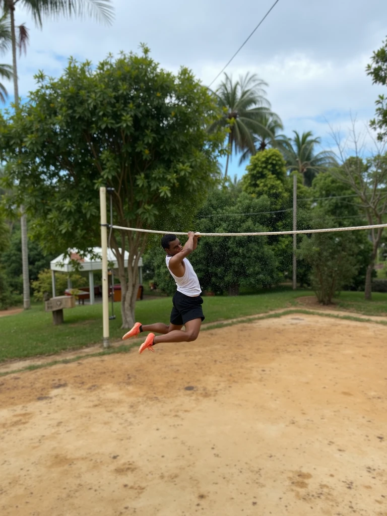 A bboy in the freeze position upside down with his legs crossed with just one arm on the beach with coconut trees around him with the sunset in the background
