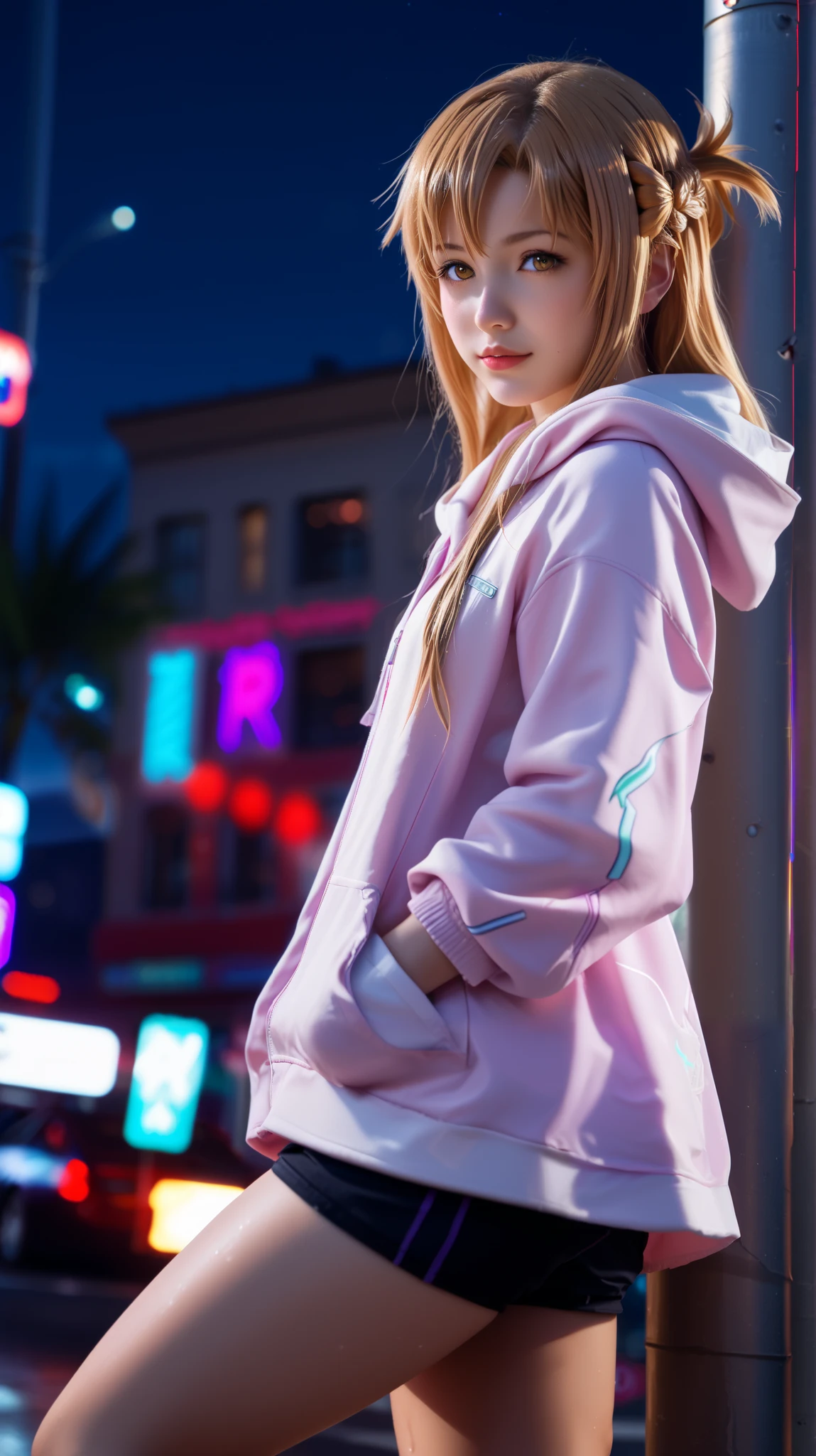 realistic, cinematic, photografy, Asuna Yuuki from Sword Art Online reimagined in ultra-realistic style, standing in a neon-lit city at night, leaning casually against a glowing streetlight pole, with a confident and seductive look.
She has long, flowing light chestnut hair, slightly tousled by the wind, and deep hazel eyes that glimmer in the urban lights. Wearing a dark oversized hoodie with the hood over her head, paired with tight black minishorts that highlight her smooth, toned legs. Her expression is both relaxed and alluring, with one hand in the pocket and the other resting on the pole. The wet asphalt reflects vivid pink, cyan and purple neon signs around her, creating a cyberpunk ambiance. Fine raindrops cling to her hair and hoodie, adding cinematic texture. Emulate a Sony A7R IV with a 35mm f/1.4 lens, moody cinematic lighting with neon edge highlights, soft rim light behind her silhouette, shallow depth of field. Composition follows the rule of thirds, low angle view, showcasing her full figure and immersive cityscape. --ar 16:9 --v 6 --style raw --quality 1 --stylize 1000