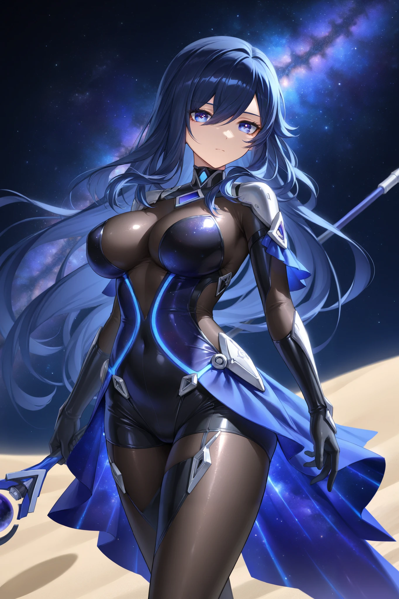 Girl, long dark iridescent hair, iridescent eyes, large thighs, small waist, small breast, ninja outfit , all powerful