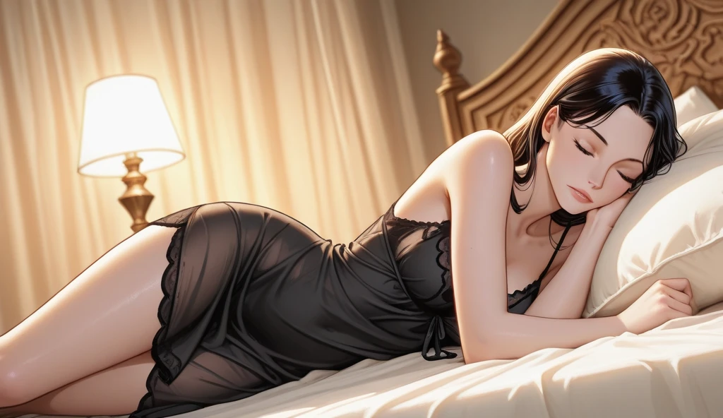 A hotel room,sexy girl,dark light,candles, horror window,night time, +Barbara palvin), in black night dress, deep cleavage lying on bed,pov from above, serious face