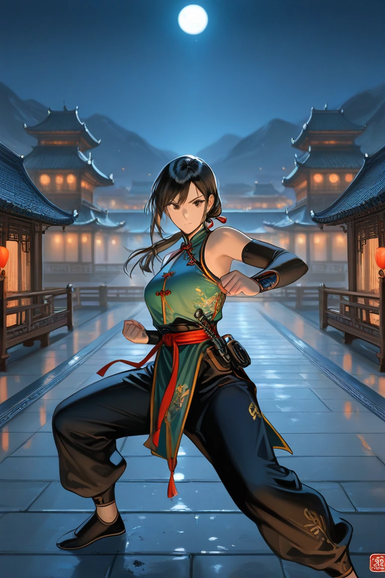 an adventurous young woman with determined traits and a fearless appearance. Her black hair is tied up in a high ponytail and she has expressive and determined eyes. She wears a practical and resistant outfit, with earthy tones and details inspired by Japanese culture. Powers: Lara is an expert in hand-to-hand combat and the use of the shovel as a weapon. She combines her agility and combat skills with the dexterity of handling a shovel, which possesses magical properties. The divine shovel allows her to summon powerful spells and release waves of energy that can purify and destroy enemies. Setting: is an explorer who travels through ancient ruins and dangerous landscapes in search of powerful artifacts. Her journey takes her to mystical and haunted places, where she faces supernatural creatures and beings of darkness. Your goal is to unravel the hidden secrets behind these artifacts and protect the world from the dangers that can be unleashed by themDynamic pose, cinematic lights, cinematic shadows, cinematic atmosphere, high resolution, masterpiece