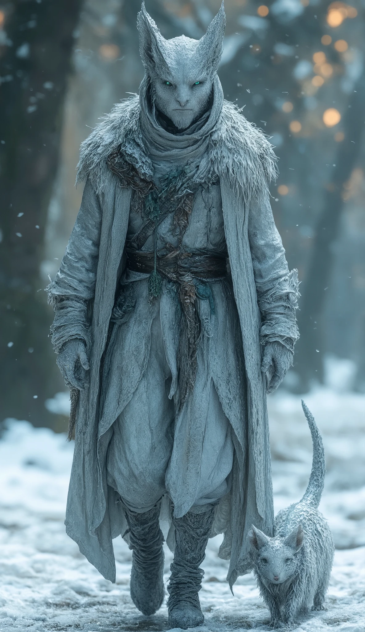 Rat God – The Frostwhisper Strategist**  
*A sleek, silver-furred deity with **ice-veined robes** treads lightly across a frozen moat, his **long whiskers twitching with arcane calculations**. A **muted snow-rat with jade eyes** scurries beside him, leaving glowing footprints. Delicate frost curls around his footsteps. Ultra-HD fur textures, winter sun