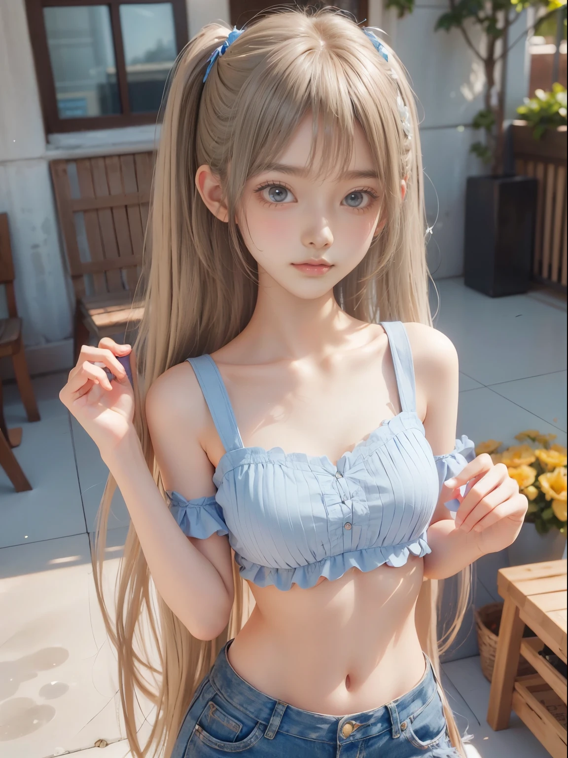Ultra-realistic:1.3、bright expression、photorealisim、top-quality、超A high resolution、8k RAW photo、Photo of an exquisitely beautiful  girl、ultimate beauty girl、Detailed cute and beautiful face、(pureerosface_v1:0.008)、Beautiful bangs、Pretty girl、Glowing white shiny skin、Bangs that extend to the face、Super long hair、Charming bright natural silky platinum blonde extra long straight hair、thin and delicate hair、high resolution eye beauty, Bright and clear, Shining, Clear, big lapis lazuli eyes、、eye liner、Double eyelids、Golden ratio、High Tone、young, navel, full body, pureerosfaceace_v1, ((small breasts)), , flat, ((young)), room, shy pose, ((twintails)), (bangs), hair ornament, cute girl, (), navel, (young face), (big head), ribbon hair ornament, ((young girl)), ((big eyes)), ((pov))