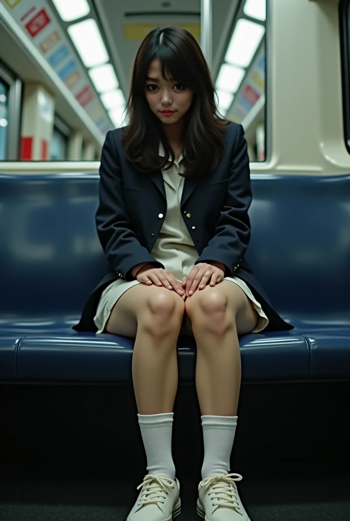 "(Masterpiece, High Definition, Ultra High Definition, 4K) Black hair, 18 years old Japan girl, uniform skirt, emphasizing thighs, white thighs, soft thighs, glossy thighs, sitting on the train, face-to-face angle, (angle from below),sitting in the train seat,Sitting in front,Zoom camera in the crotch,Feet on the train floor,Full body,Looking down and sleepy,Looking at the viewer only", best quality, ultra high definition, (photorealistic:1.4),, high resolution, detail, raw photo, sharp re, Nikon D850 film stock photo by Lee Jefferies 4 kodak portra 400 camera f1.6 lens rich colors hyper realistic lively textures dramatic lighting unreal engine artstation trends cinestir 800,