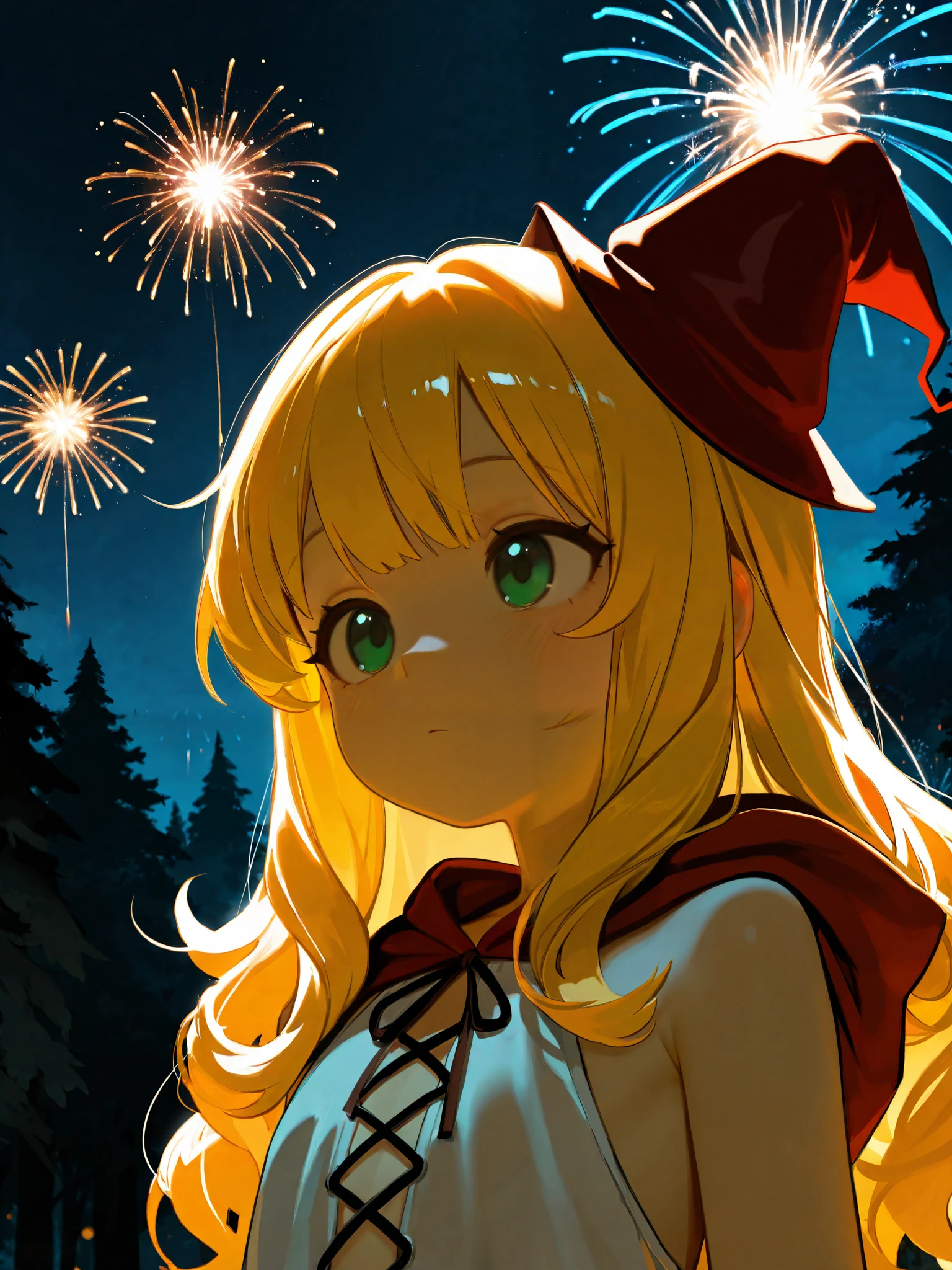 (masterpiece), top quality, completely complete, solo, small,
long hair, wave hair, short bang, Blonde Hair, green eyes, Flat chest,(witch:1.5),(red bean colored witch robe), small pointy hat, The inner is a white sleeveless shirt,
forest, Night , Fireworks , (close-up:0.8), NSFW,
