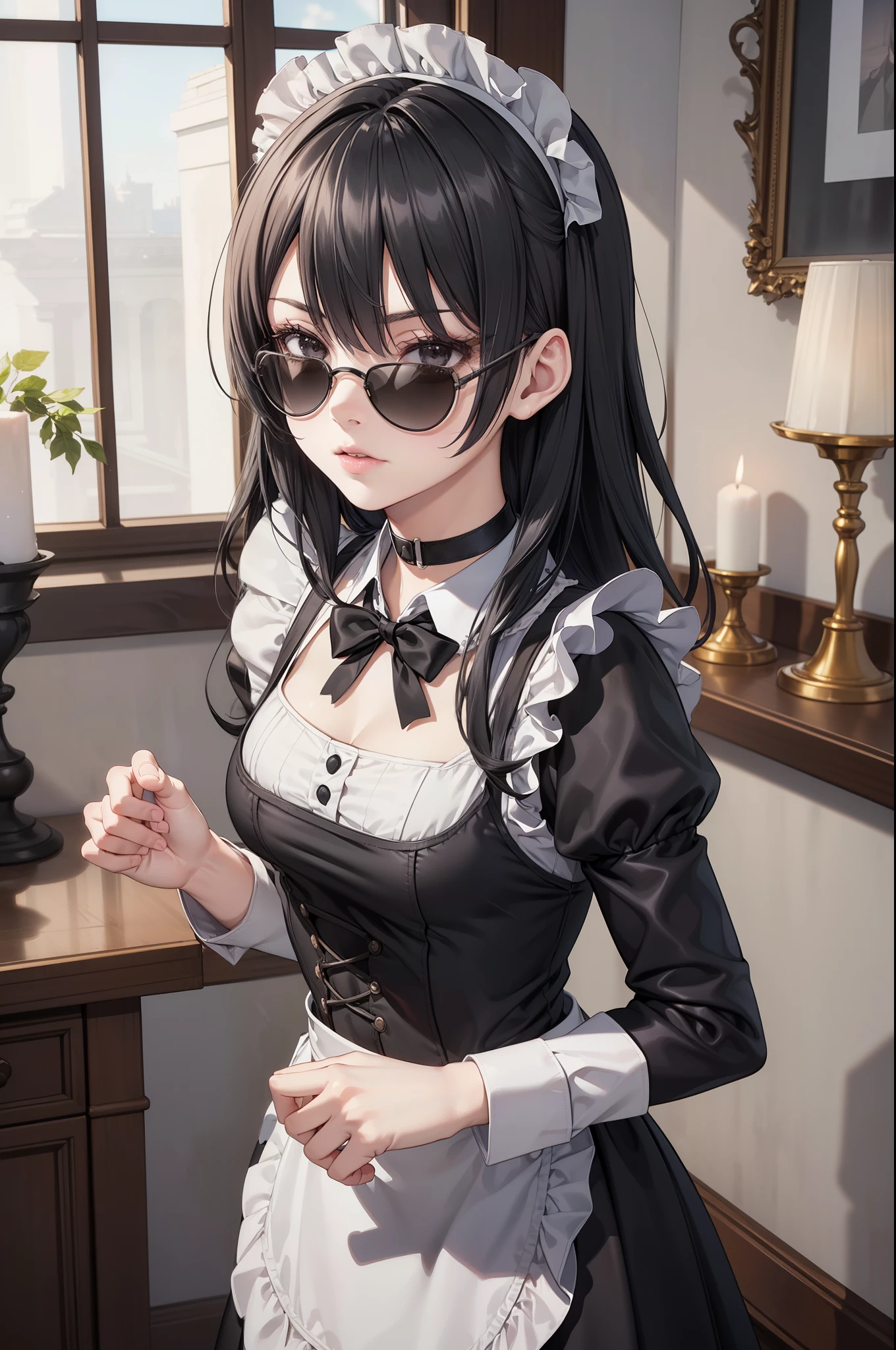 Masterpiece, beautiful art, professional artist, 8K, sciamano240 art style, very detailed face, detailed clothing, Detailed fabric, (A young girl of short stature), of foot, serious look, perfectly drawn body , beautiful face, closed lip vest, ((long black hair), detailed eyes, black eyes, detailed lip sunglasses, choker:1.6, ((black maid outfit)), elegant room , candelabras, by day