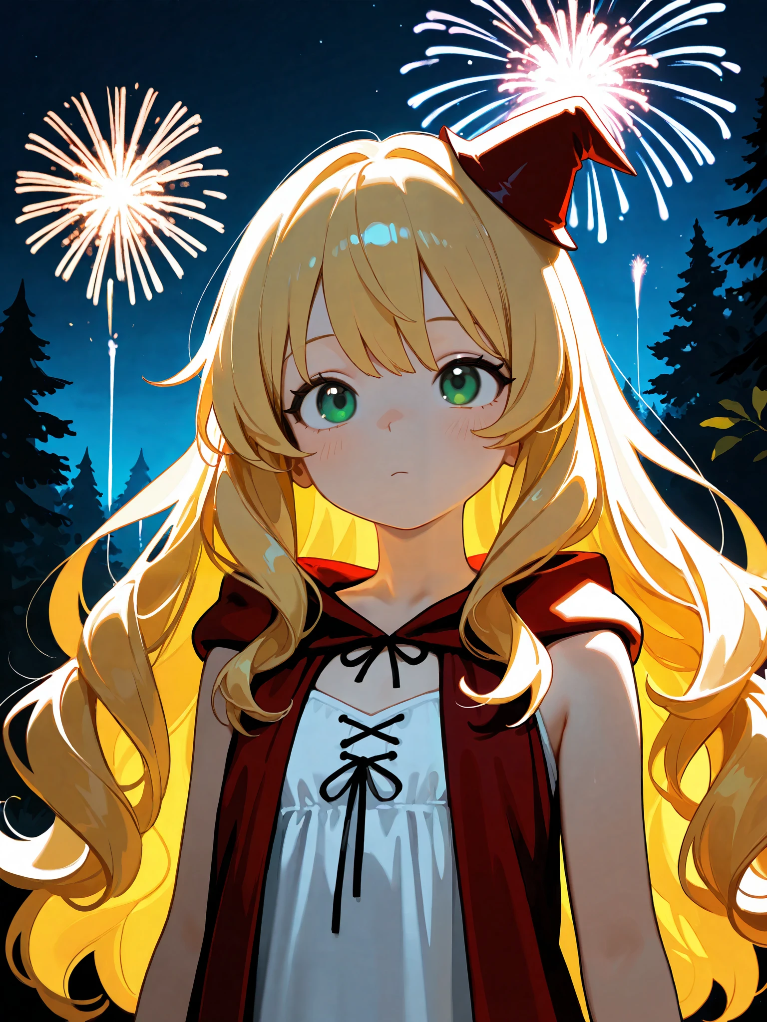(masterpiece), top quality, completely complete, solo, small, Light color,
long hair, wave hair, short bang, Blonde Hair, green eyes, Flat chest,(witch:1.5),(red bean colored witch robe), small pointy hat, The inner is a white sleeveless shirt,
forest, Night , Fireworks , (close-up:0.8),