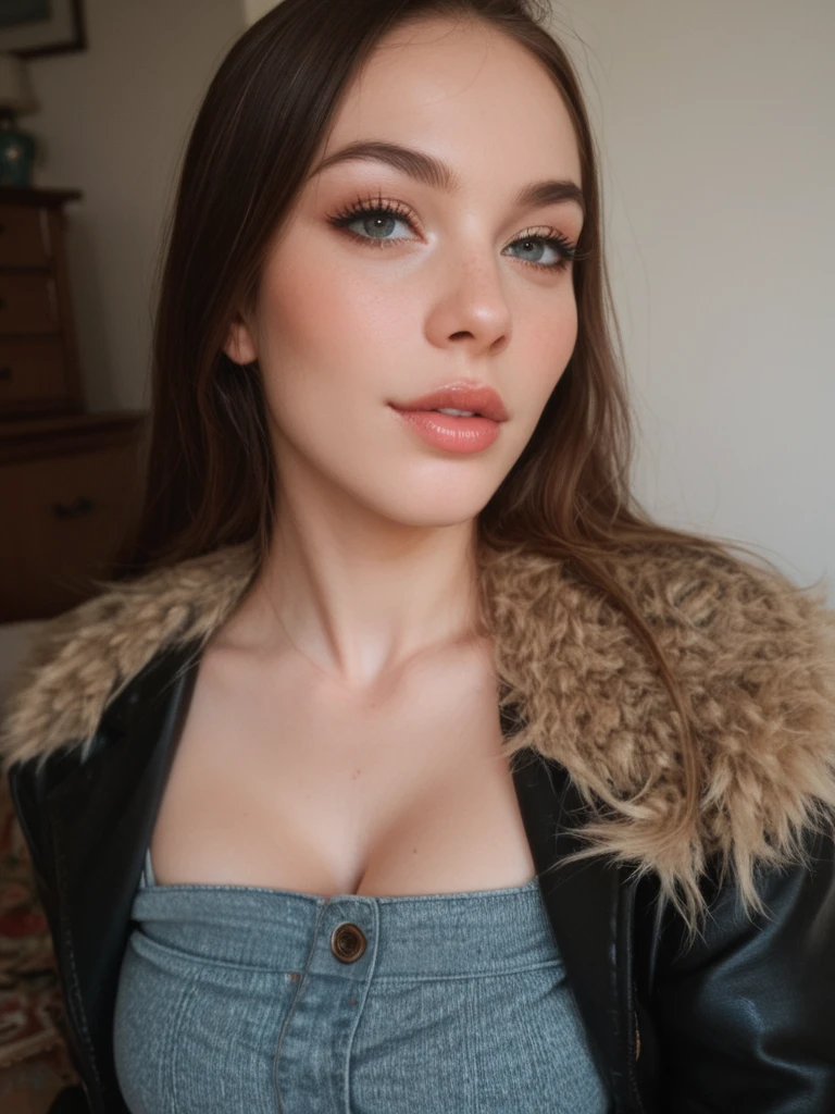 Maria woman from polend Polska, sexy mouth, blue eyes, cute makeup, nose cute, little american look a like, cute little face, dark hair woman 50years old woman, Very pretty woman photo at squeezing big breasts beautiful sweater with neckline big neckline beautiful photo long black smooth hair. amateur hand photo selfie, amateur selfie