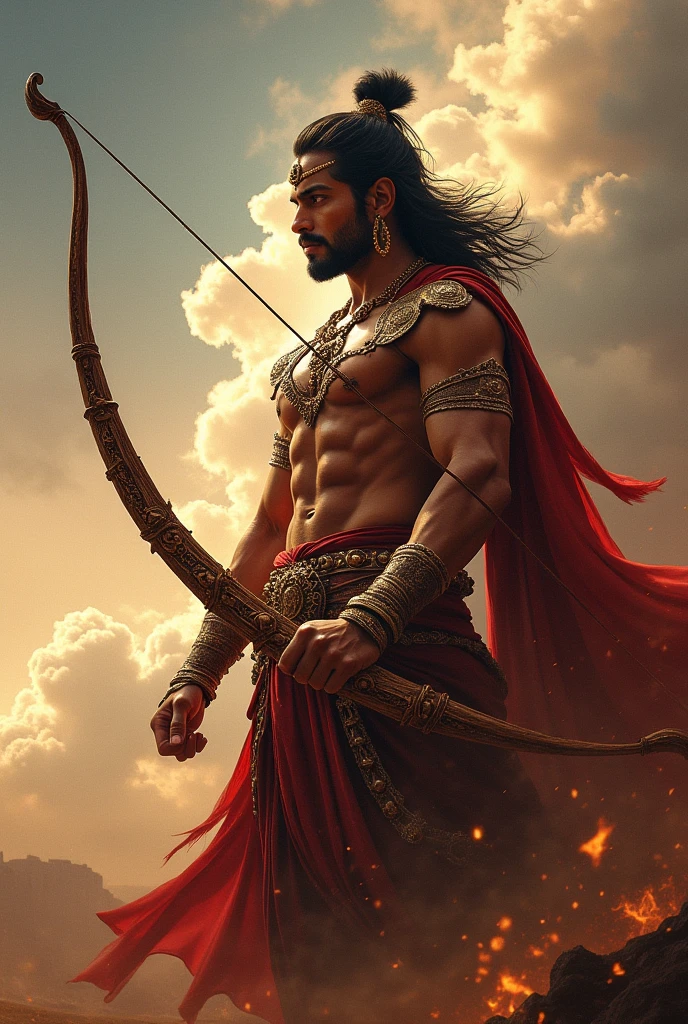 Arjuna unleashing his fury on Jayadratha, the Kaurava ally, to avenge his son Abhimanyu's death. He is shown in a rage, firing a powerful arrow towards Jayadratha, who is trying to defend himself with a shield. The background depicts the aftermath of a fierce battle, with burning chariots and fallen soldiers