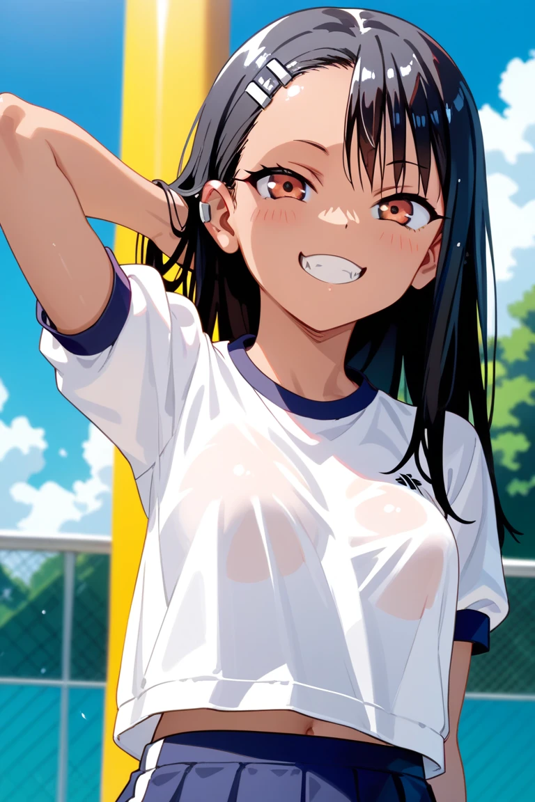 Black hair long straight Straight Hair Smooth and straight hair Straight bangs Badminton Wear Badminton match 体にぴったりのBadminton Wear Stained with sweat I can see her nipples sticking out through her clothes