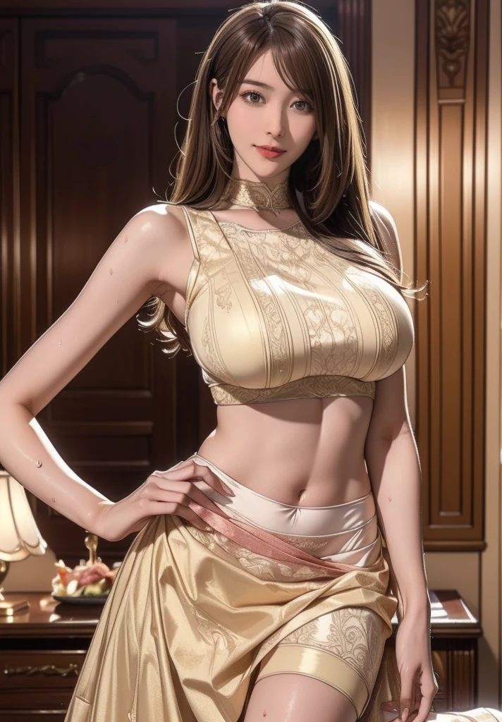 (masterpiece:1.2, highest quality), realistic, (real picture, intricate details, Depth of the bounds written，golden high neck dress), parted lips, very detailed, perfect face, perfect body, large model,indoor background,transparent nipples,
mature woman, expensive, long legs, Separate top and bottom costumes,embellished costume,
natural bokeh background,Costume with large open chest,Clothes that expose the belly button,revealing costumes,The lower body is only underwear,Only the upper body is dressed,random hairstyles,back view,Pose with butt sticking out
