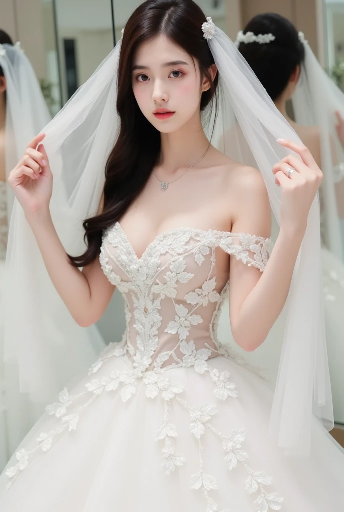 Masterpiece, highest quality, solo focus, complex
(High detail: 1.1) (Perfect face: 1.1) white wedding dress, cute Japan woman, sitting on chair, smile, lace, veil, fantasy, white flowers on head, meadow,
Viking origin, shining eyes, upper body to thighs, Lee Jeff
Leeds Nikon D850 Film Stock Photo 4 |
Kodak Portra 400 Camera F1.6 Lens
Rich colors Ultra realistic
Realistic textures Dramatic lighting
Unreal Engine
Trending at Art Station CineStill
800 --auto