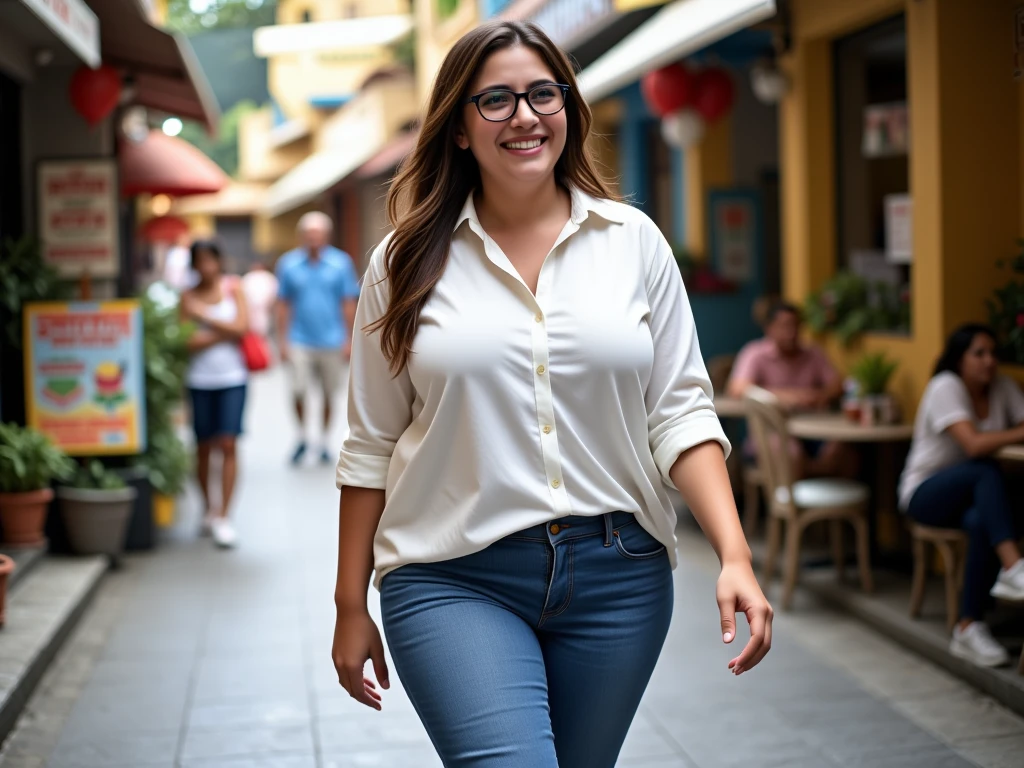 mulher de jeans e camisa preta com gola alta, segurando uma bolsa bege, figura de cera, candid shot, figura completa, so i advised her to get in line, tiro por cima do ombro, mid 2 0's female, Fotografia tirada em 2 0 2 0, full body profile camera shot, tiro por cima do ombro, Vestido casualmente, Fechar tiro de corpo inteiro