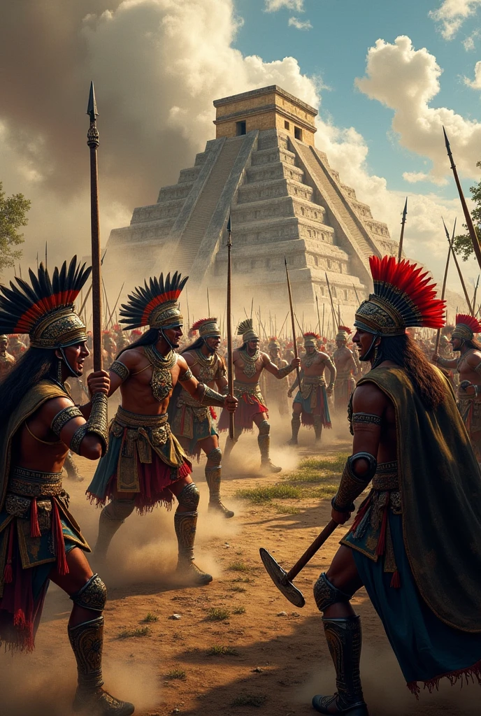 wide view of a war field; Aztec Indians in a war