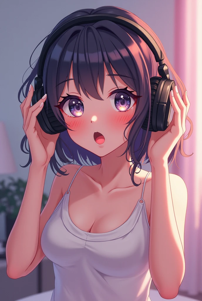 A cute girl smiling brightly, wearing a white shirt slightly revealing a white bra and underwear, lying on her stomach reading “Life is Easy.” She’s wearing headphones, with a cat playing guitar nearby. Outside the window, birds sing, musical notes float in the room, and a picture on the wall reads “Relax & Laugh.”