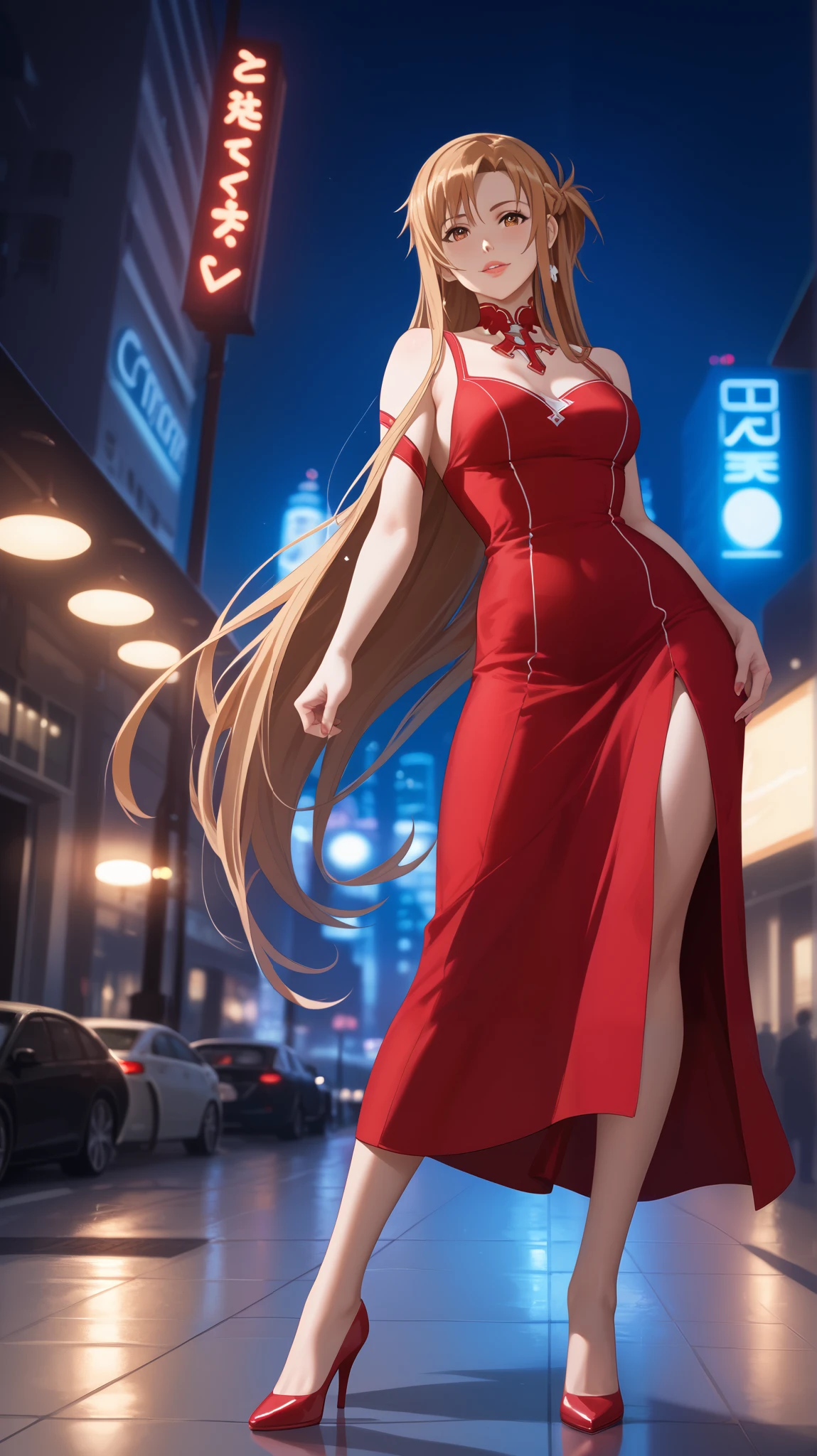 Asuna Yuuki from Sword Art Online reimagined in ultra-realistic fashion, wearing a tight, modern red passion dress with elegant contours, standing confidently in a neon-lit city at night.
She has long, sleek light chestnut hair that flows past her shoulders, slightly styled, and deep hazel eyes that shine under the ambient lights. Her form-fitting crimson dress features a high slit on one side, highlighting her smooth legs and hips, with subtle shimmering fabric that hugs her figure perfectly. She’s wearing matching red high heels, standing tall with one leg slightly forward, striking a seductive yet poised pose. Her expression is confident and alluring, lips softly parted, eyes locking with the viewer. The urban background glows with pink and violet neon signs, wet pavement reflecting light, light breeze playing with her hair and the edge of her dress. Emulate a Canon EOS R5 with 85mm f/1.2 lens, dramatic cinematic lighting with backlight and soft spotlight on her, rim light enhancing her silhouette. Compose using rule of thirds, low angle medium-full body shot, capturing her elegance and presence. --ar 16:9 --v 6 --style raw --quality 1 --stylize 1000